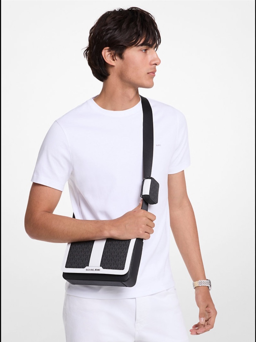 Michael Kors Cooper Color-Block Black and White Signature Stripe Messenger Bag - Picture 2 of 7
